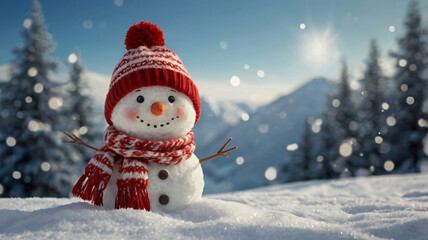 Winter Snowman in Snow, Close-up Picture of Snowman with Hat and Scarf, Happy Snowman in Winter Snow, Happy Snowman with Hat and Scarft on Winter Background 