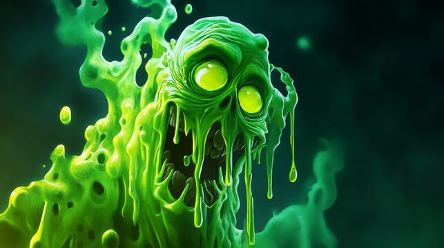 Scary green slime monster dripping and melting in the dark