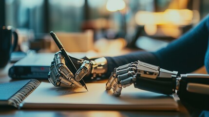 Person with robotic prosthetic hand writes in notebook at a bright workspace