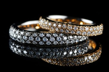 Elegant sparkling rings with intricate designs captured on a reflective surface, showcasing shimmering diamonds and luxurious gold bands for jewelry enthusiasts and collectors.