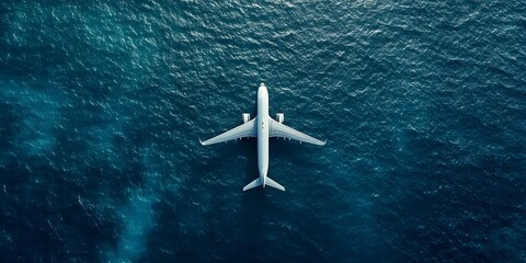 A commercial airplane flies in the blue sky, seen from above. Flat lay with copy space for travel...