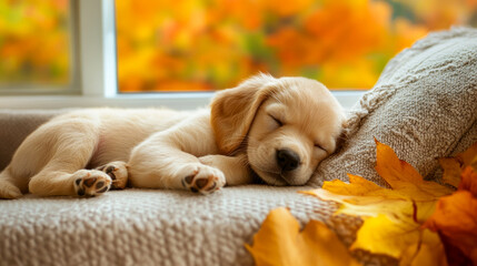 Sleeping puppy in autumn sunlight with cozy blanket and fall leaves
