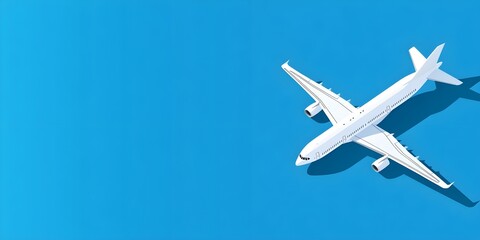 A commercial airplane flies in the blue sky, seen from above. Flat lay with copy space for travel and business concepts. Minimal background design