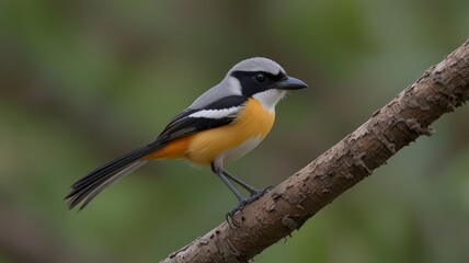 Fototapeta premium Small bird perched on a branch, showcasing vibrant yellow and grey plumage.
