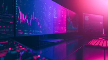 Futuristic trading desk with digital graphs and data analysis displays