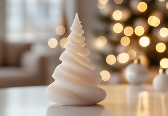 Obraz premium Elegant White Christmas Tree Decoration with Soft Curves and Warm Glow on a Festive Background of Glittering Lights and Cozy Ambiance