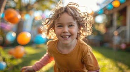 Fototapeta premium Happy toddler girl playing outdoors, smiling.