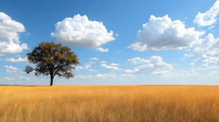 Obraz premium Blue sky, yellow field, in the distance a tree illuminated by bright sunlight