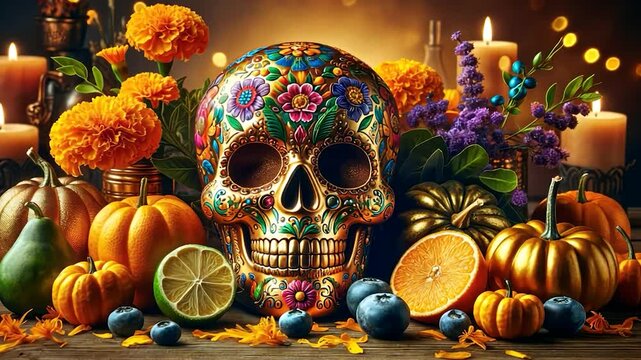 Colorful sugar skull with floral decorations, surrounded by pumpkins, cempas&uacute;chil flowers, candles, fruits, and bokeh lights is subtly changing