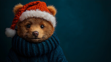 Adorable Bear in Santa Hat and Cozy Sweater for Christmas Celebration