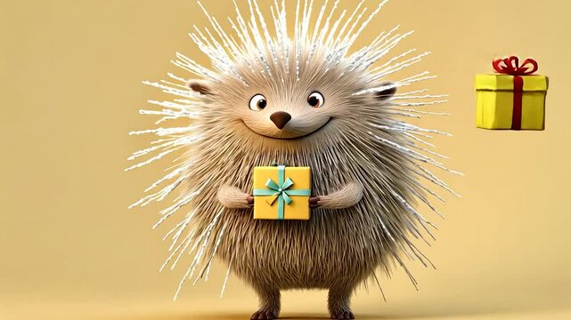 Cute cartoon hedgehog holding a gift with a red ribbon is smiling, on a yellow background. Suddenly a second wrapped gift appears next to him