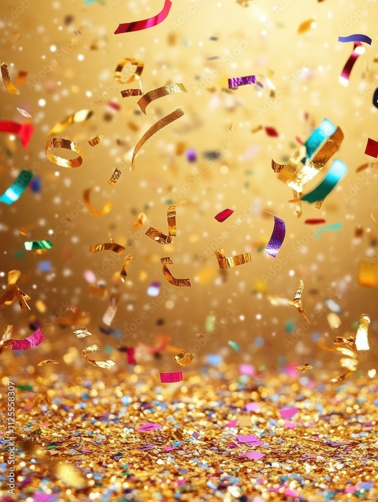 Poster Colorful confetti and curling ribbons cascade over a sparkling golden backdrop, creating a vibrant atmosphere for New Year festivities. Generative AI