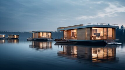 A photo of Minimalist Houseboat Homes Floating on river