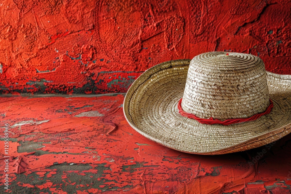 Poster A straw hat sits on a bright red floor, ready for use or display