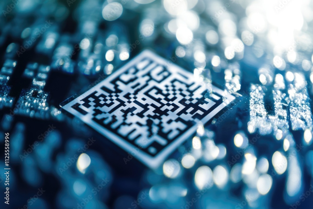 Poster Close-up shot of a QR code on a computer motherboard