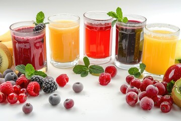 A colorful display of fruit juices and berries on a table, perfect for a snack or as a garnish