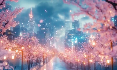 Obraz premium anime background with vibrant city lights, cherry blossoms, and pastel skies whimsical and lively hyper-realistic 4K photo