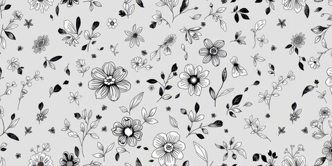 Seamless charcoal small floral elements wallpaper design with intricate hand-drawn flowers and leaves, small, design