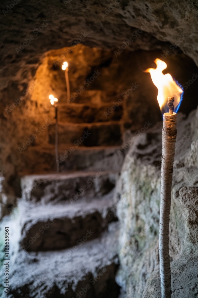 Poster a torch provides light in the darkness of a cave