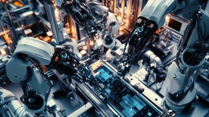 Obraz premium Automated robotic assembly line manufacturing process.