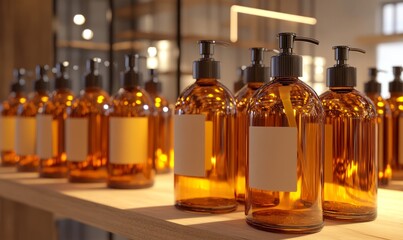 An amber glass pump bottle mock-up displaying liquid soap and shampoo dispensers. Blank labels