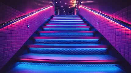 A staircase with blue lights on it. The lights are on the steps and the stairs are illuminated