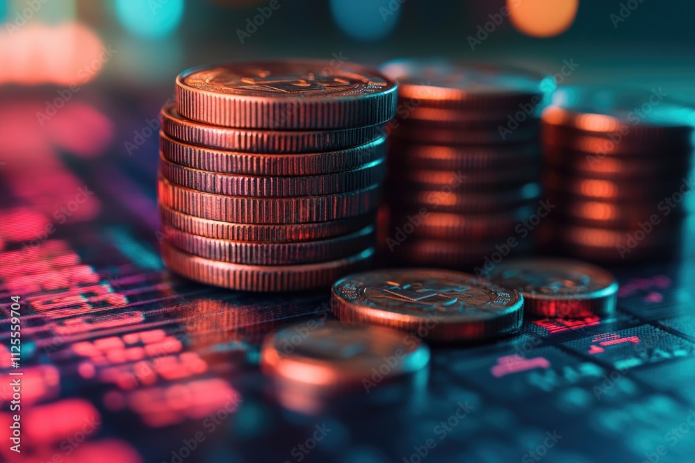 Poster A pile of coins sitting on a computer keyboard, perfect for concepts related to money and technology