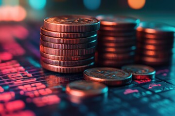 A pile of coins sitting on a computer keyboard, perfect for concepts related to money and technology