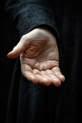 Fototapeta premium A figure in a black robe holds out their hands, conveying a sense of reverence or mourning