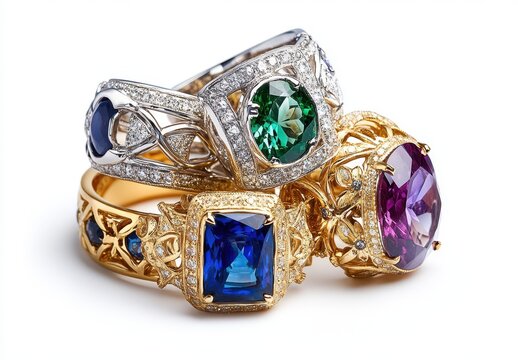 Exquisite Collection of Luxury Gemstone Rings Featuring Vibrant Emerald, Amethyst, and Blue Sapphire Set in Elegant Gold and Silver Designs for High-End Jewelry Lovers