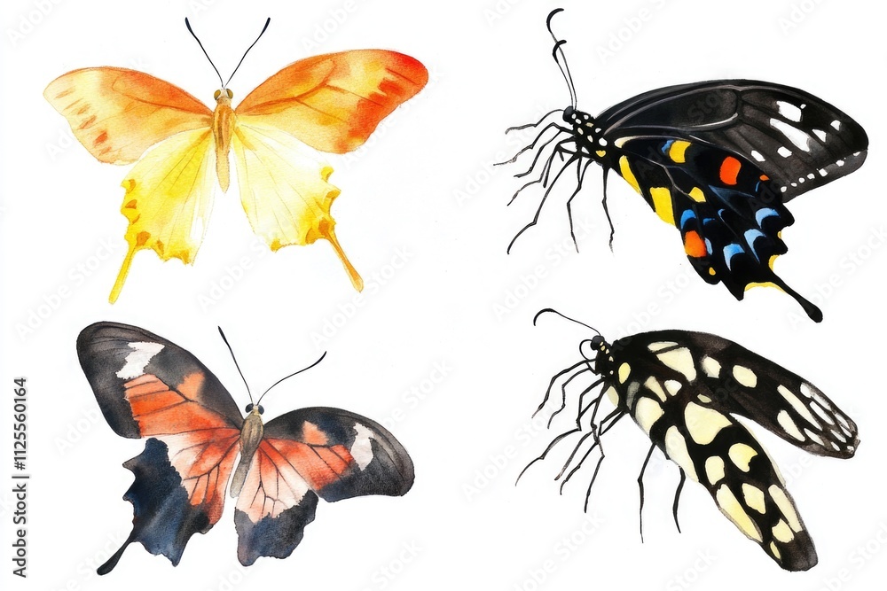 Poster close-up of four colorful butterflies on a clean white surface, suitable for illustrations or design
