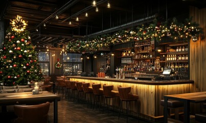 Christmas trees, a festively adorned tree, and winter-inspired decorations with bokeh effects for a bar or restaurant.