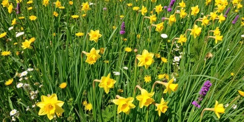 Obraz premium Vibrant daffodil flowers blooming in a vast field under the bright sun, greenery, nature, growth