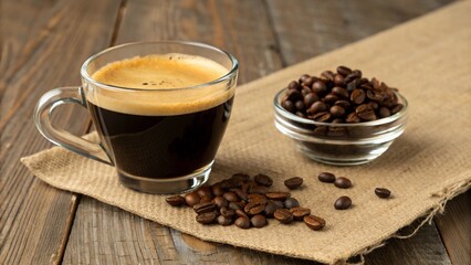 Cup Of Espresso Coffee With Coffee Beans On Traditional Old Table