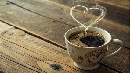 Espresso Coffee Cup with heart-shaped aroma of love for good traditional coffee With coffee beans on traditional old table