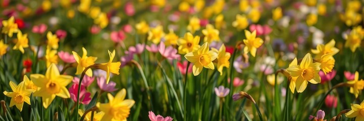 Vibrant yellow daffodil flowers blooming in a picturesque field under the sunlight, blossom, meadow