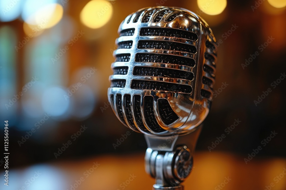Poster a close-up shot of a microphone sitting on a table, perfect for representing sound equipment or stud