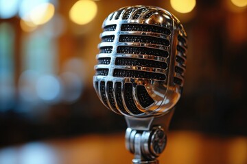 A close-up shot of a microphone sitting on a table, perfect for representing sound equipment or studio settings
