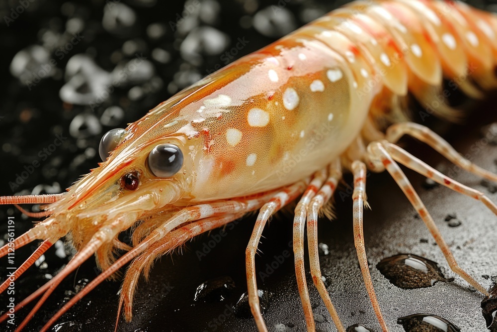 Poster A close-up view of a shrimp on a black surface, ideal for use in scientific or educational contexts where a detailed look at the subject is required