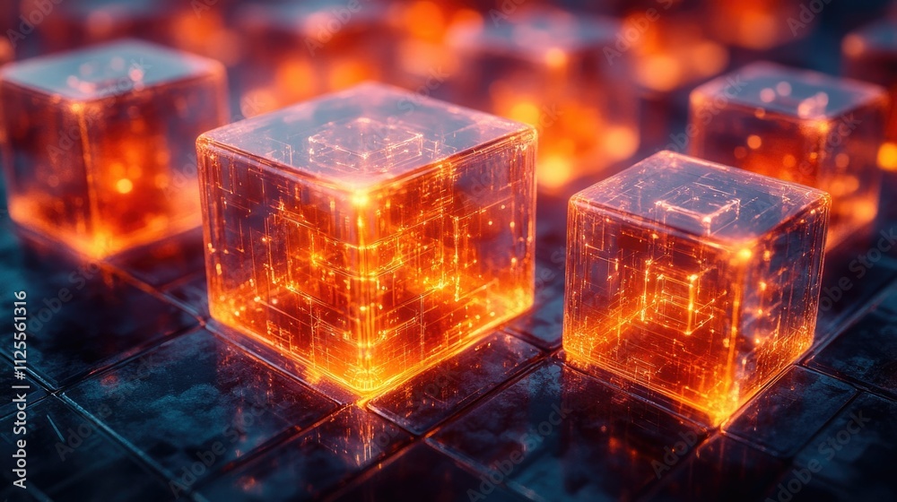 Poster a collection of glowing cubes arranged on a table, perfect for futuristic or sci-fi themed designs