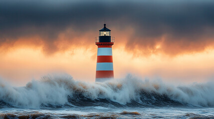 A dramatic lighthouse stands resilient on a rocky coastline, illuminated by stormy lighting. Thunderbolts strike the dark sky, symbolizing strength, hope, and guidance amidst turbulent challenges