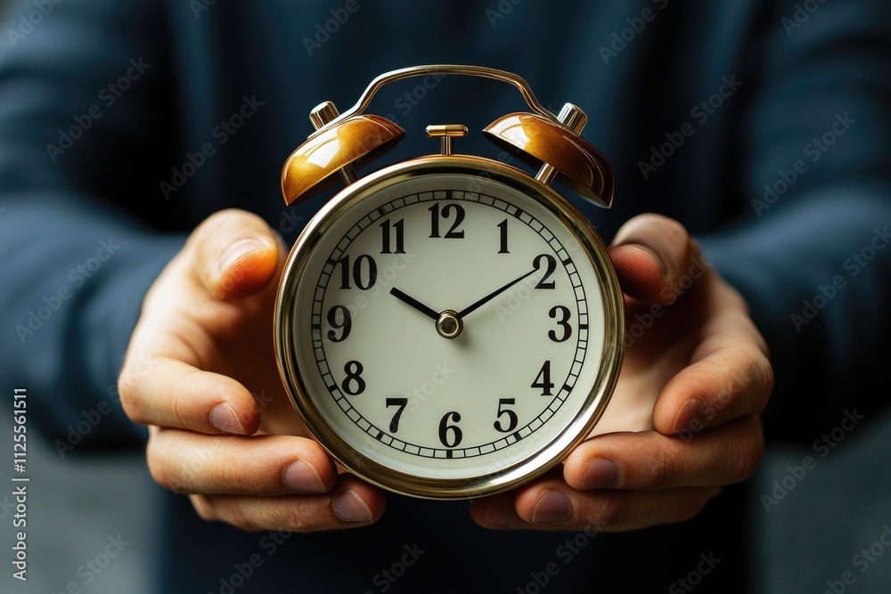 Poster a person wakes up early with an alarm clock in hand, ready for the day