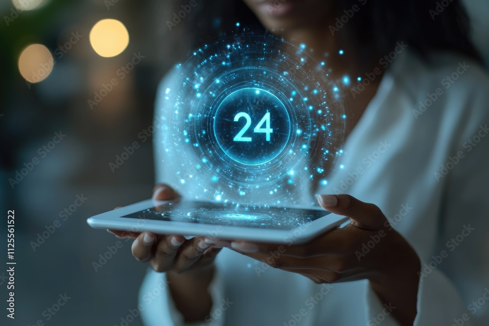 Poster a woman holds a tablet with a digital clock display, ideal for illustrations about technology, time 