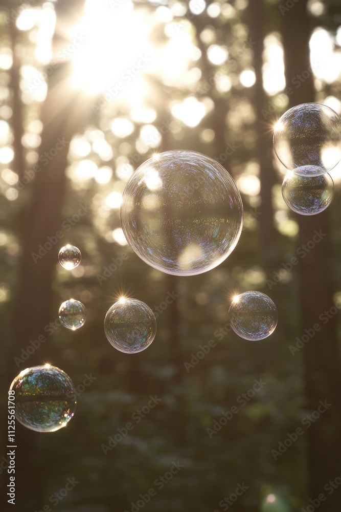 Poster a cluster of soap bubbles suspended in mid-air, transparent and shimmering
