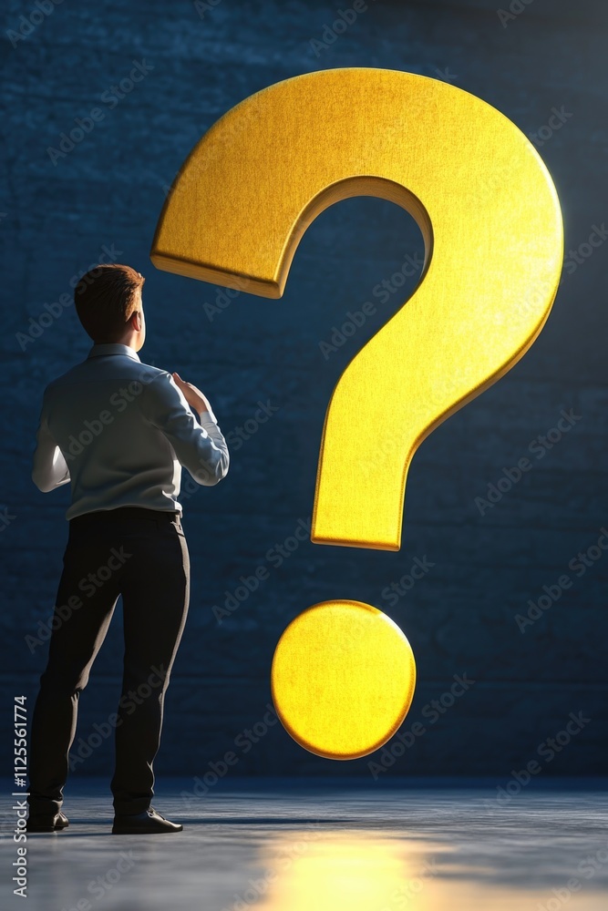 Poster a person standing in front of a bright yellow question mark, great for illustrations and conceptual 