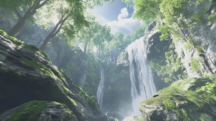 Serene Waterfall in Lush Forest: A Breathtaking Nature Scene