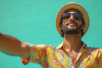 A person holding a camera takes a photo of themselves, wearing a hat and sunglasses