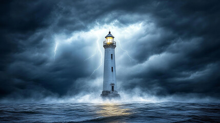A dramatic lighthouse stands resilient on a rocky coastline, illuminated by stormy lighting. Thunderbolts strike the dark sky, symbolizing strength, hope, and guidance amidst turbulent challenges