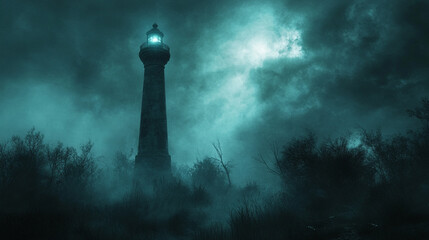 A dramatic lighthouse stands resilient on a rocky coastline, illuminated by stormy lighting. Thunderbolts strike the dark sky, symbolizing strength, hope, and guidance amidst turbulent challenges
