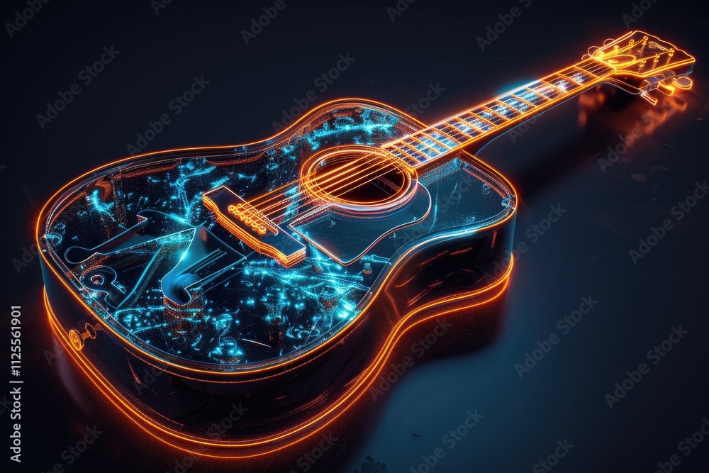 Poster a guitar with illuminated strings, perfect for a magical or futuristic scene